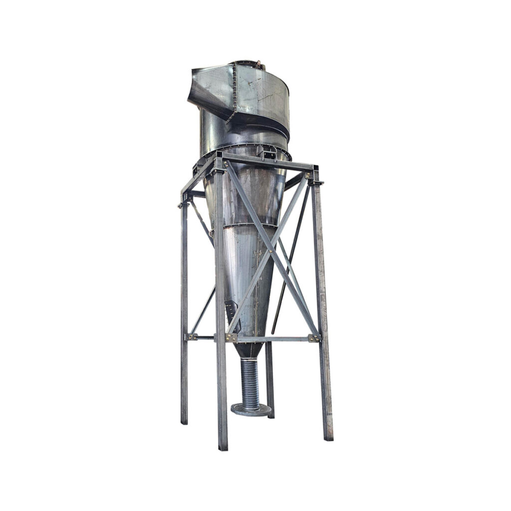 Angled view of an industrial cyclone separator dust collector used to remove heavy dust particles from airflow in blasting and industrial systems.