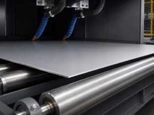 Close-up view of a freshly blasted steel plate exiting a plate blaster while optional blow-off shot removers remove remaining abrasive media from the surface.