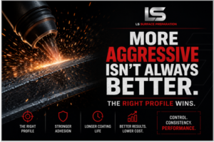 LS Industries industrial surface preparation poster showing aggressive blasting sparks on steel with the message “More Aggressive Isn’t Always Better – The Right Profile Wins” focused on coating adhesion, surface profile control, and blasting performance.
