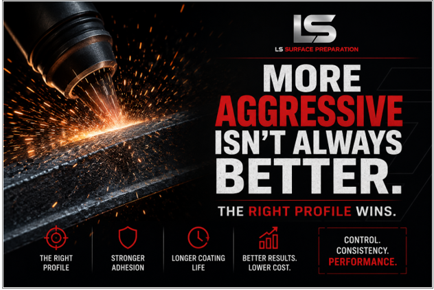 LS Industries industrial surface preparation poster showing aggressive blasting sparks on steel with the message “More Aggressive Isn’t Always Better – The Right Profile Wins” focused on coating adhesion, surface profile control, and blasting performance.