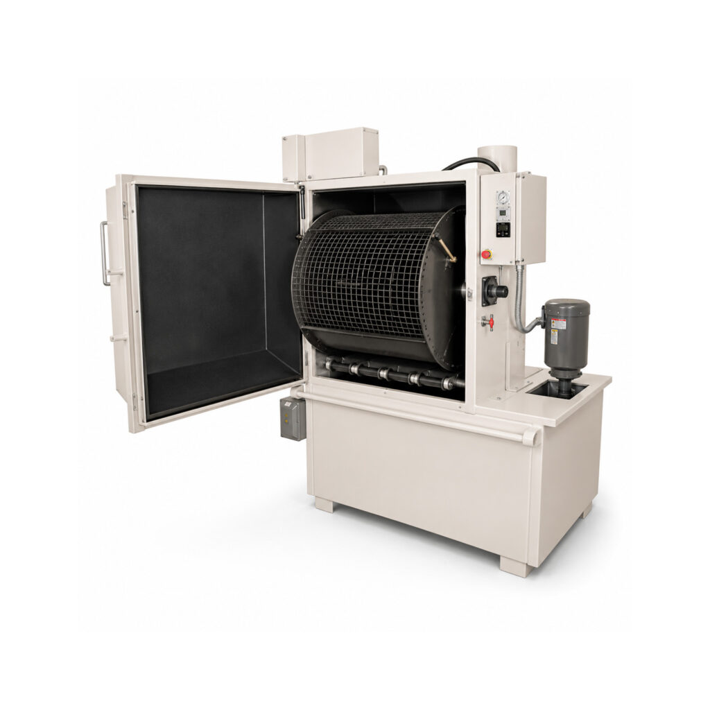 Angled view of a tumbler washer designed to automatically clean parts by rotating them through a wash cycle while exposing all surfaces to cleaning solution.
