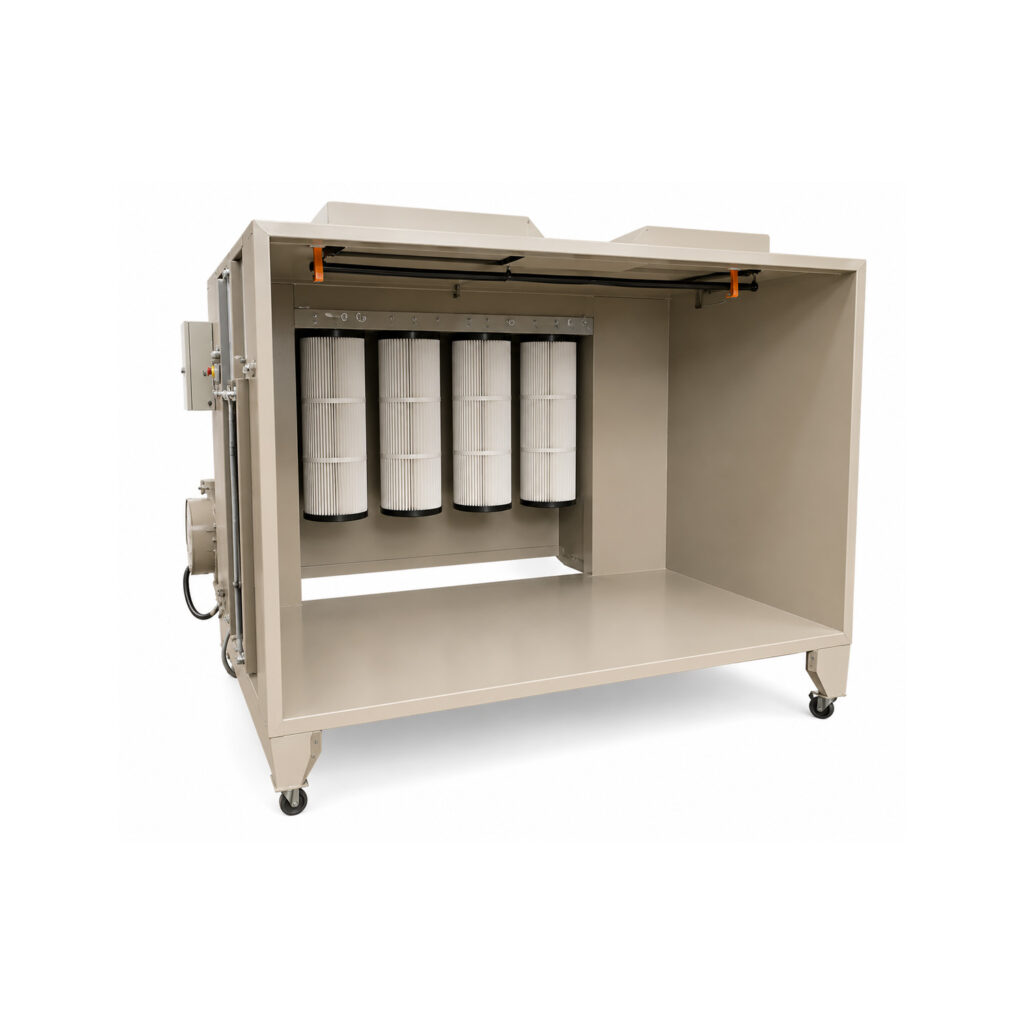 Angled view of a powder coat booth designed to provide controlled powder application, efficient overspray recovery, and consistent coating quality in industrial finishing operations.