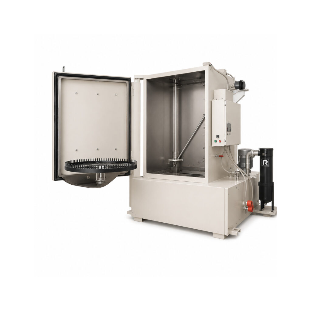 Angled view of a rotary table washer featuring a rotating turntable that continuously exposes parts to high-pressure spray cleaning from multiple directions.