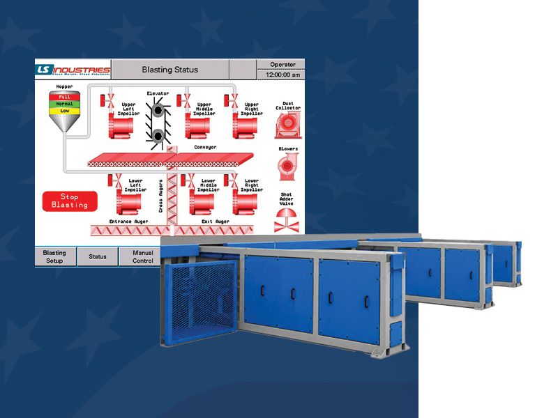 Automated material handling system from LS Industries featuring conveyors, transfers, lifts, and integrated controls designed to move parts efficiently between manufacturing, cleaning, blasting, and finishing processes.