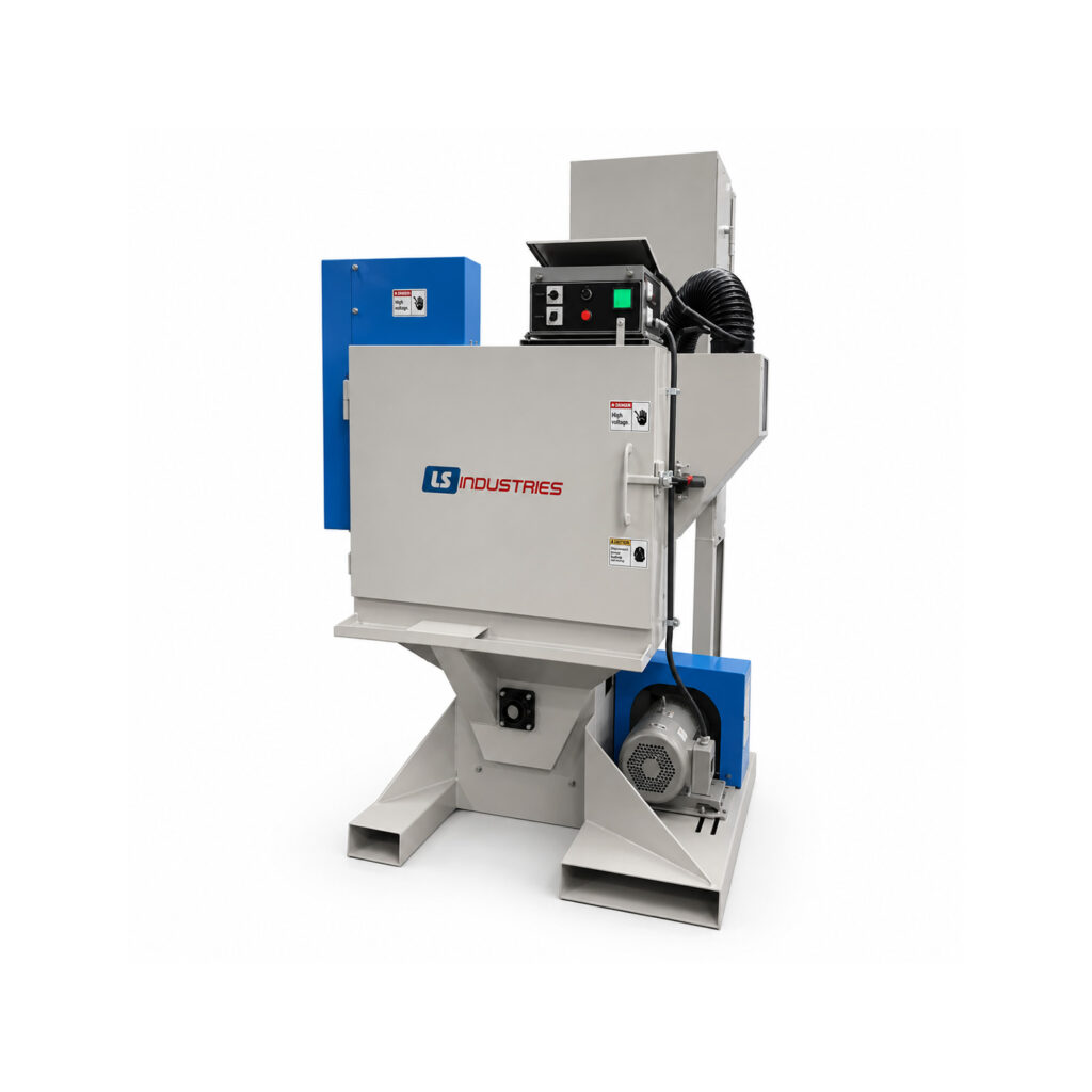 Angled view of a fixed basket blaster featuring the blasting cabinet, rotating basket system, abrasive recovery components, and blast wheel assembly.