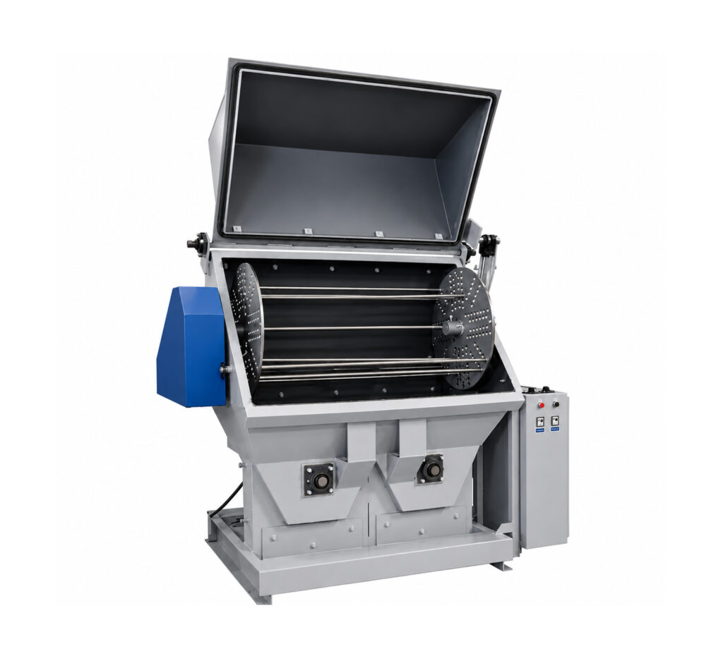 Angled view of a fixed basket blaster designed to clean and prepare parts secured in a rotating basket using high-velocity abrasive blasting.
