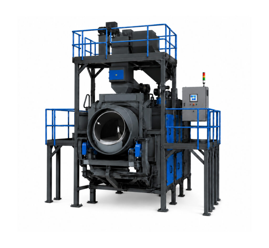 Angled view of a barrel blaster designed for automated abrasive blasting and cleaning of bulk parts in a rotating barrel system.