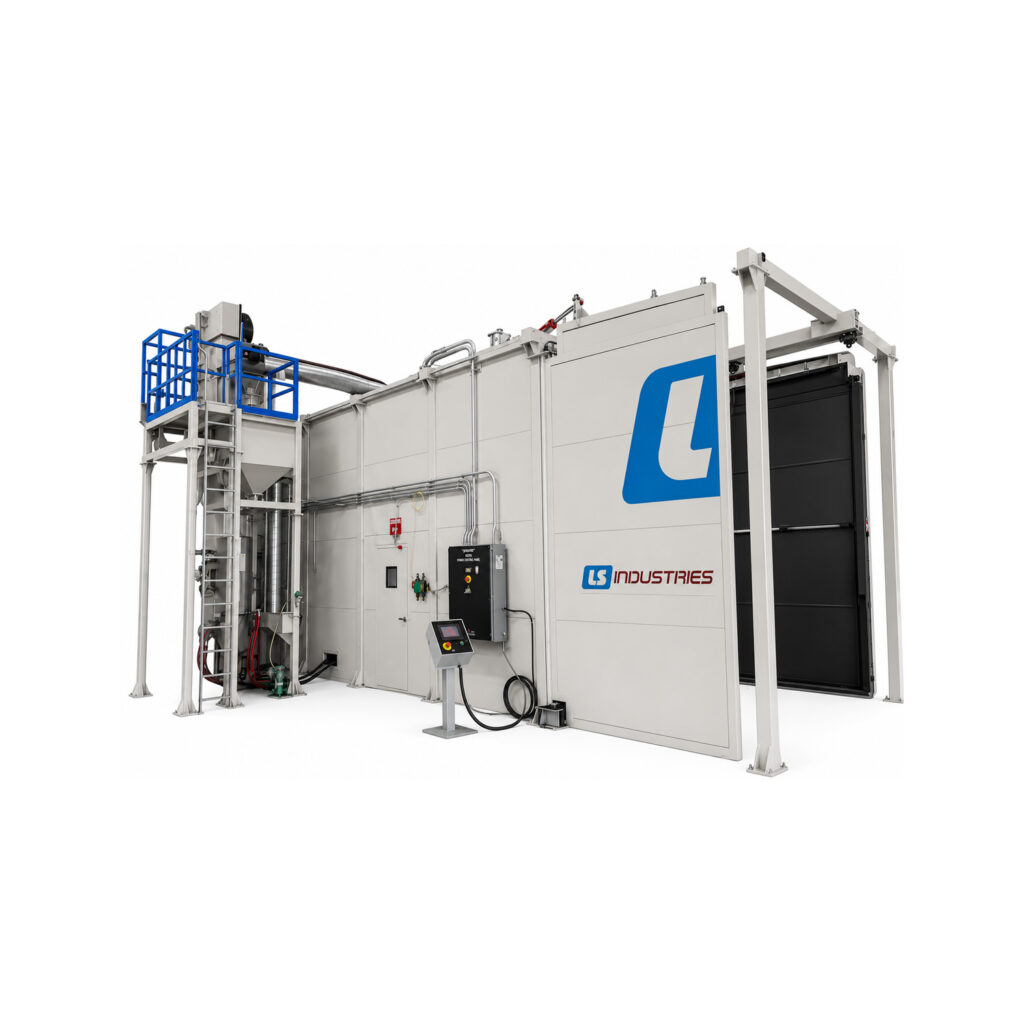 Angle view of an LS Industries Blast Room featuring a spacious enclosed blasting area, abrasive recovery system, dust collection equipment, and heavy-duty construction for industrial surface preparation applications.
