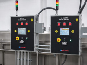 Operator control panel on an LS Industries Internal/External Tote Washer featuring intuitive controls for managing wash cycles, spray functions, system operation, and machine performance.