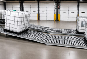 Optional conveyor ramp at the discharge end of an LS Industries Internal/External Tote Washer, designed to smoothly transport cleaned IBC totes to the next stage of production or unloading.