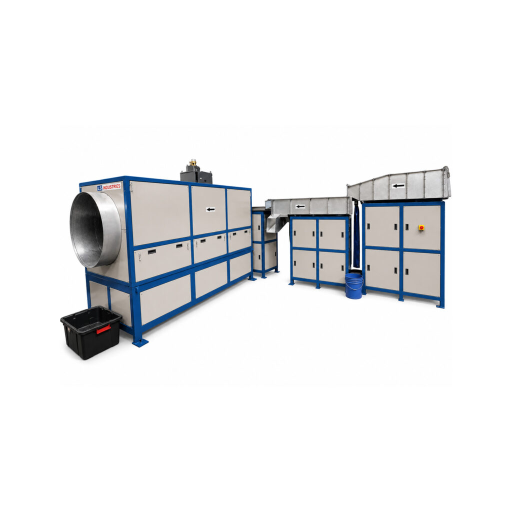 Angled view of a corn cob drying system designed to dry finished parts while removing residual moisture and polishing surfaces after washing or vibratory finishing processes.
