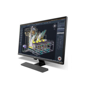 Computer monitor displaying detailed engineering drawings, CAD models, equipment layouts, and technical designs used for developing custom industrial machinery and manufacturing solutions.