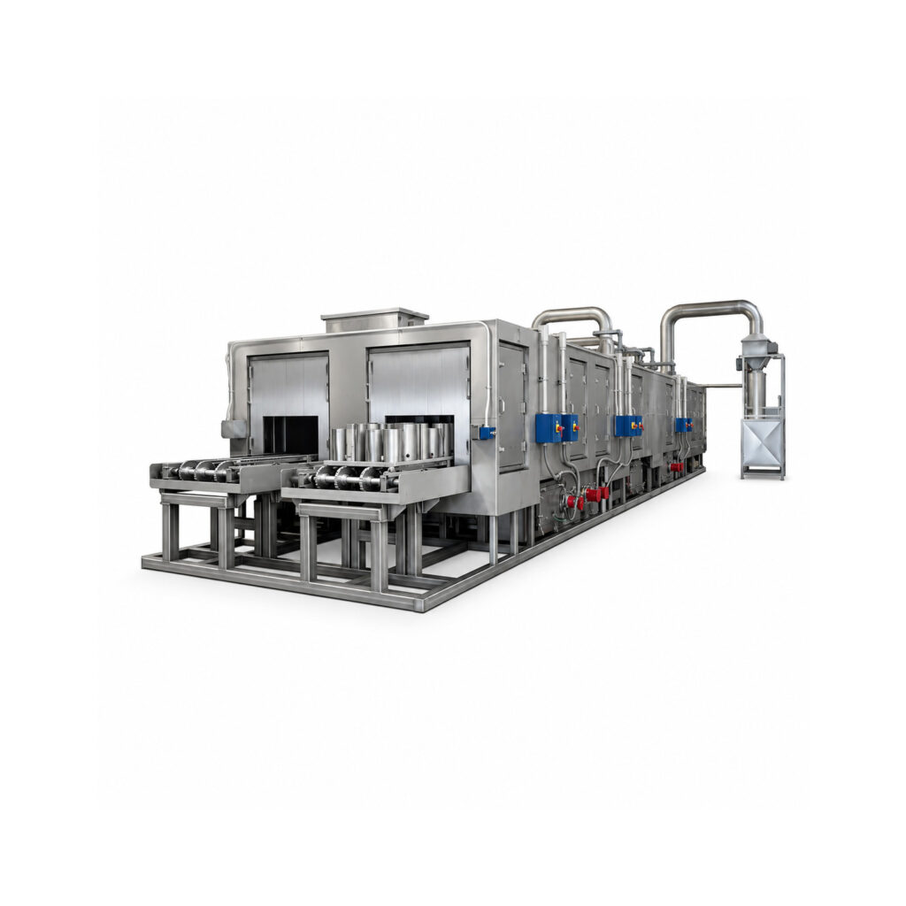 Angled view of a dual-lane flow-through washer designed for continuous cleaning, rinsing, and drying of parts on two independent processing lanes.