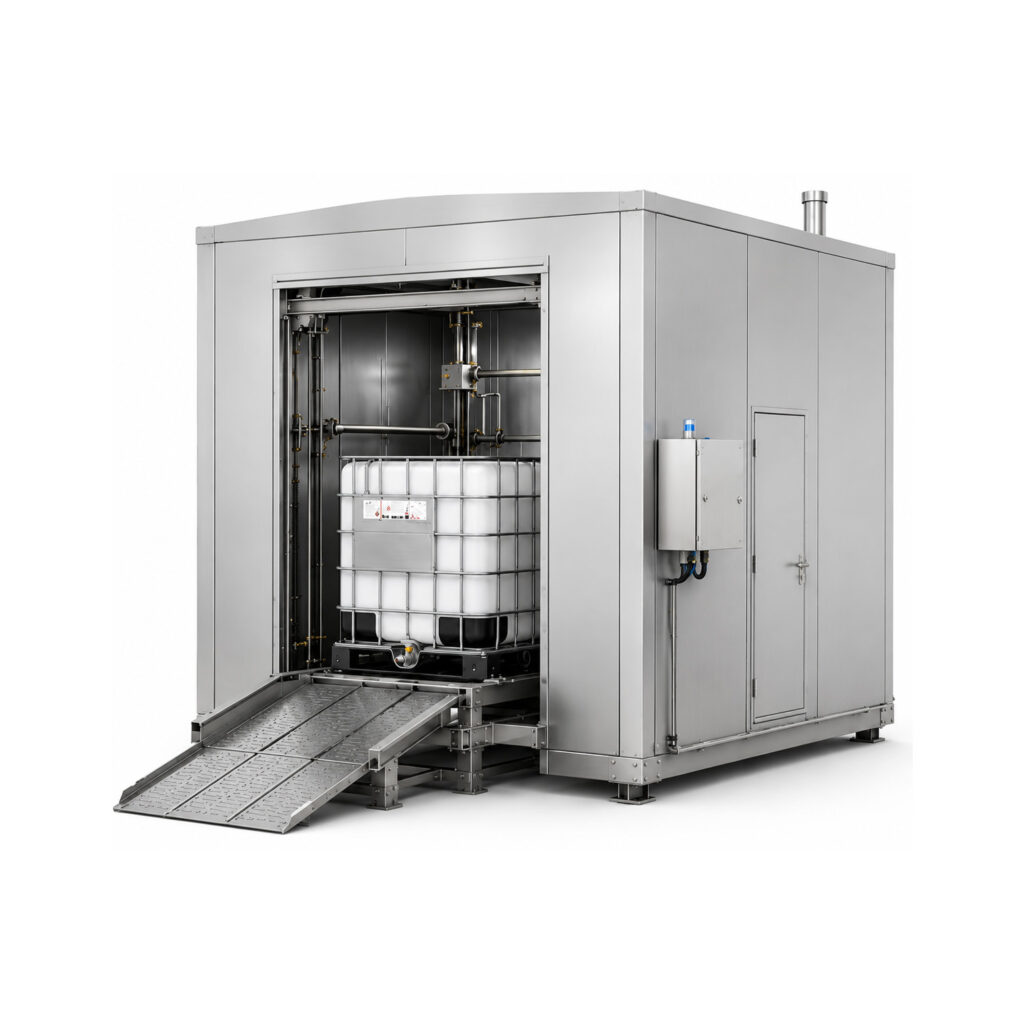 Angled view of an external cleaning IBC and tote washer designed to automatically wash the outside surfaces of intermediate bulk containers, totes, and reusable containers.