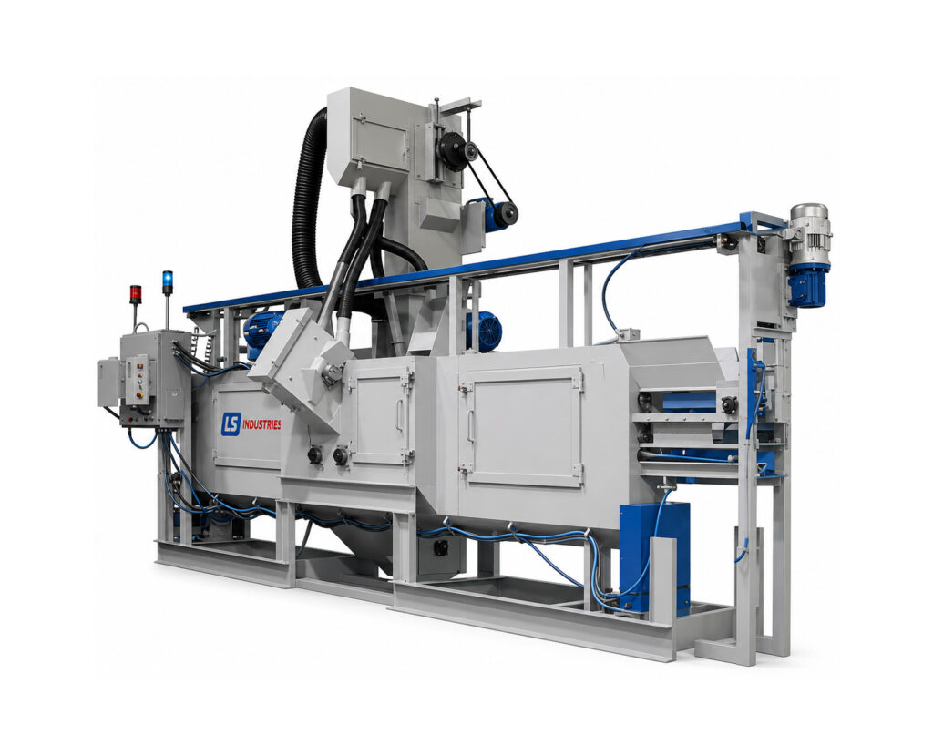 Angled view of a flow-through drum blaster designed to continuously clean and prepare steel drums as they move through the blasting process.