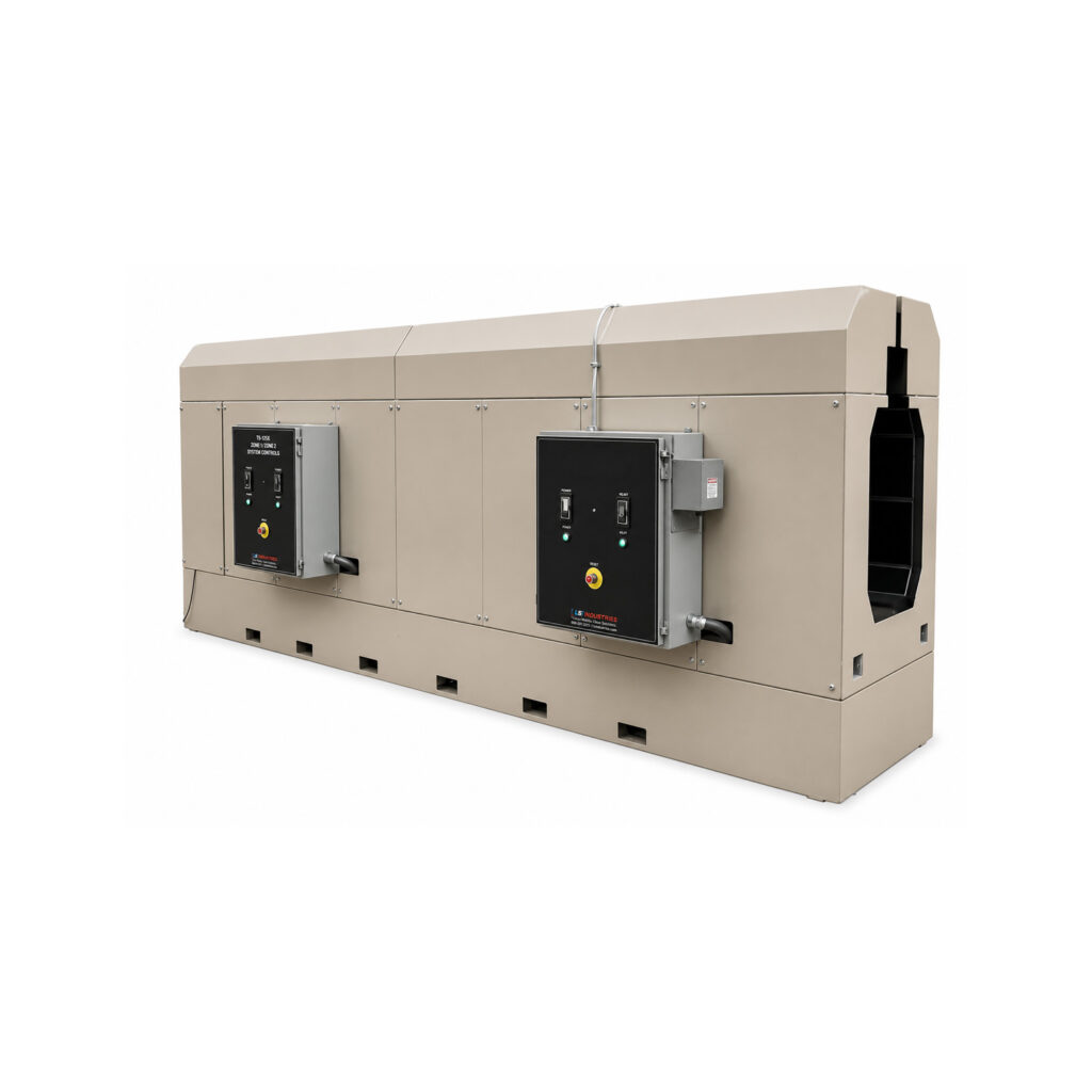 Angled view of an infrared cure oven designed to rapidly cure powder coating and industrial finishes using high-intensity radiant heat energy.