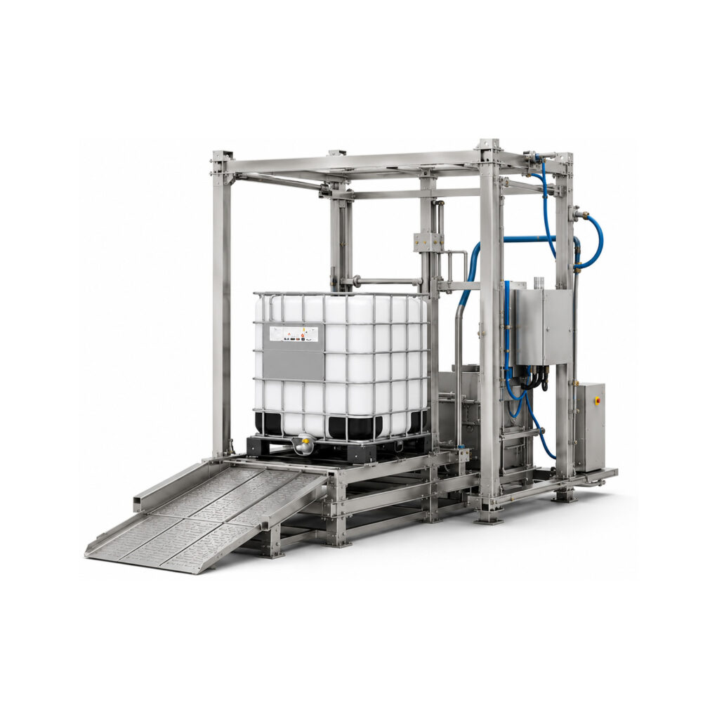 Angled view of an internal cleaning IBC and tote washer designed to thoroughly clean the inside surfaces of intermediate bulk containers, totes, and reusable vessels using high-pressure spray technology.