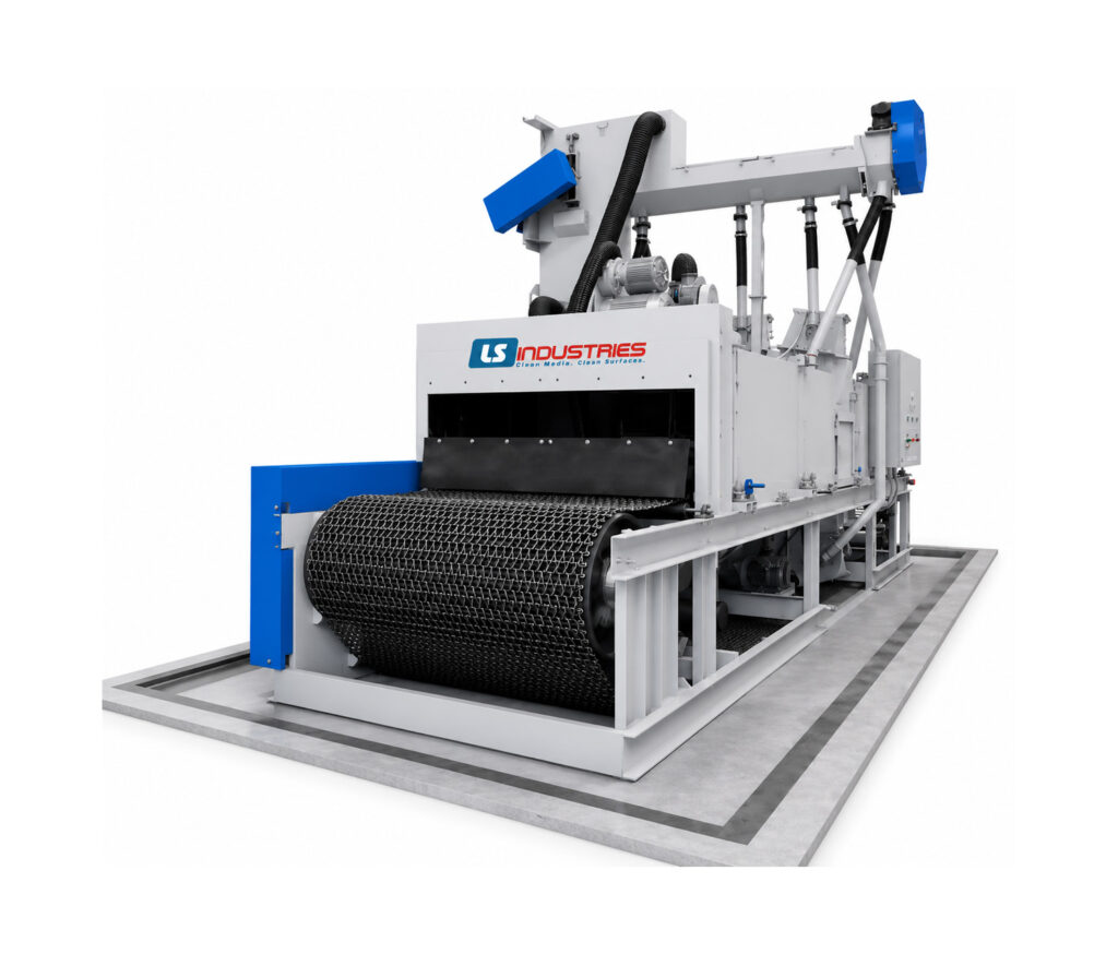 Angled view of a wire mesh belt blaster designed for continuous abrasive blasting of flat, durable, and high-volume production parts.