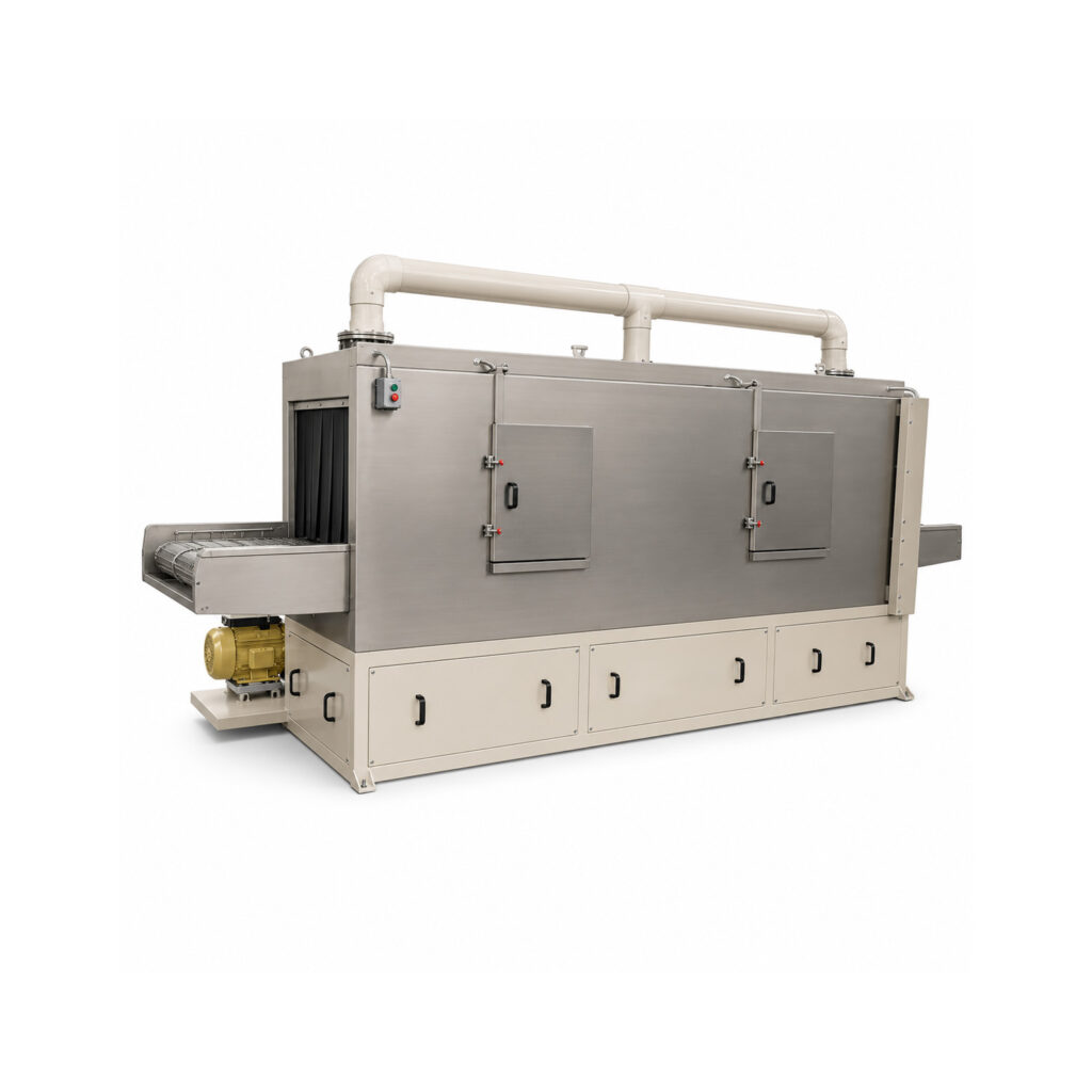 Alt Text: Angled view of a monorail flow-through washer with an overhead conveyor system transporting parts through automated wash, rinse, and drying stages.