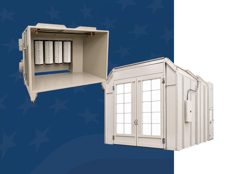 LS Industries paint and powder coating system featuring industrial spray booths, powder coating equipment, curing ovens, and material handling solutions designed for high-quality finishing applications.
