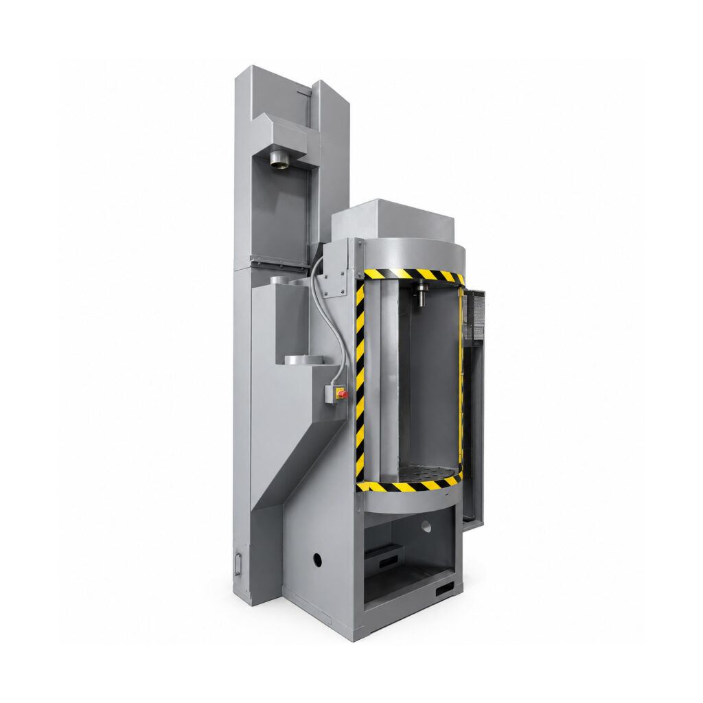 Angled view of a spinner hanger blaster designed to clean and prepare suspended parts using high-velocity abrasive blasting from multiple directions.