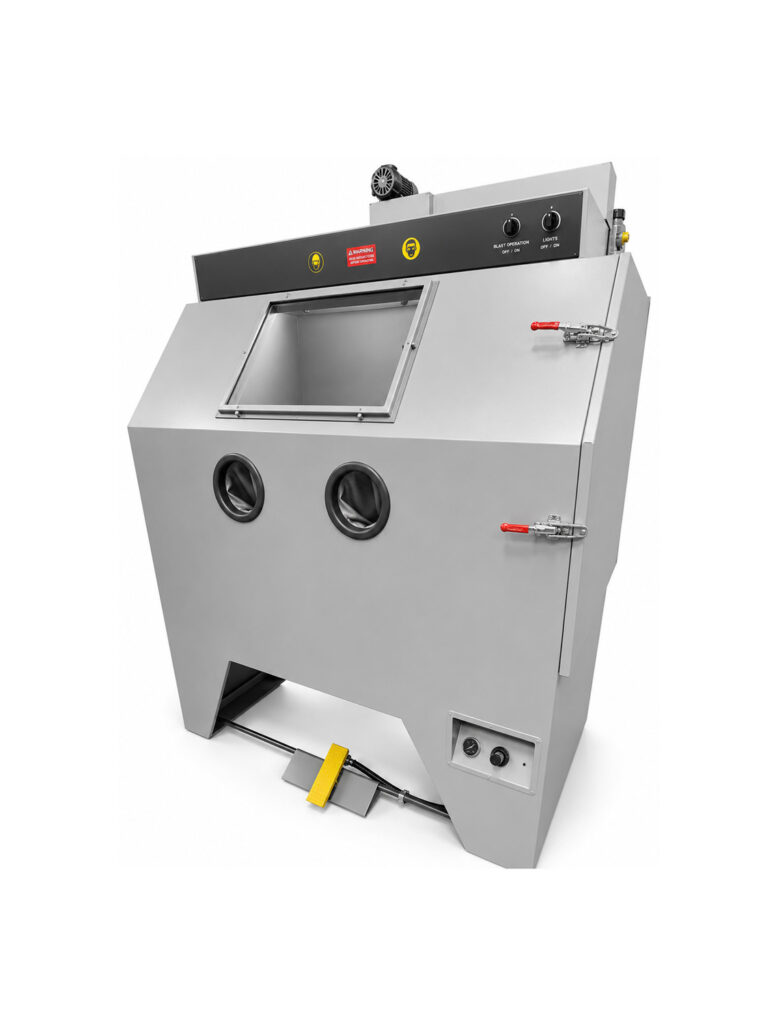 Angled view of an air blast cabinet designed for precision abrasive blasting of parts using manually controlled blasting nozzles.