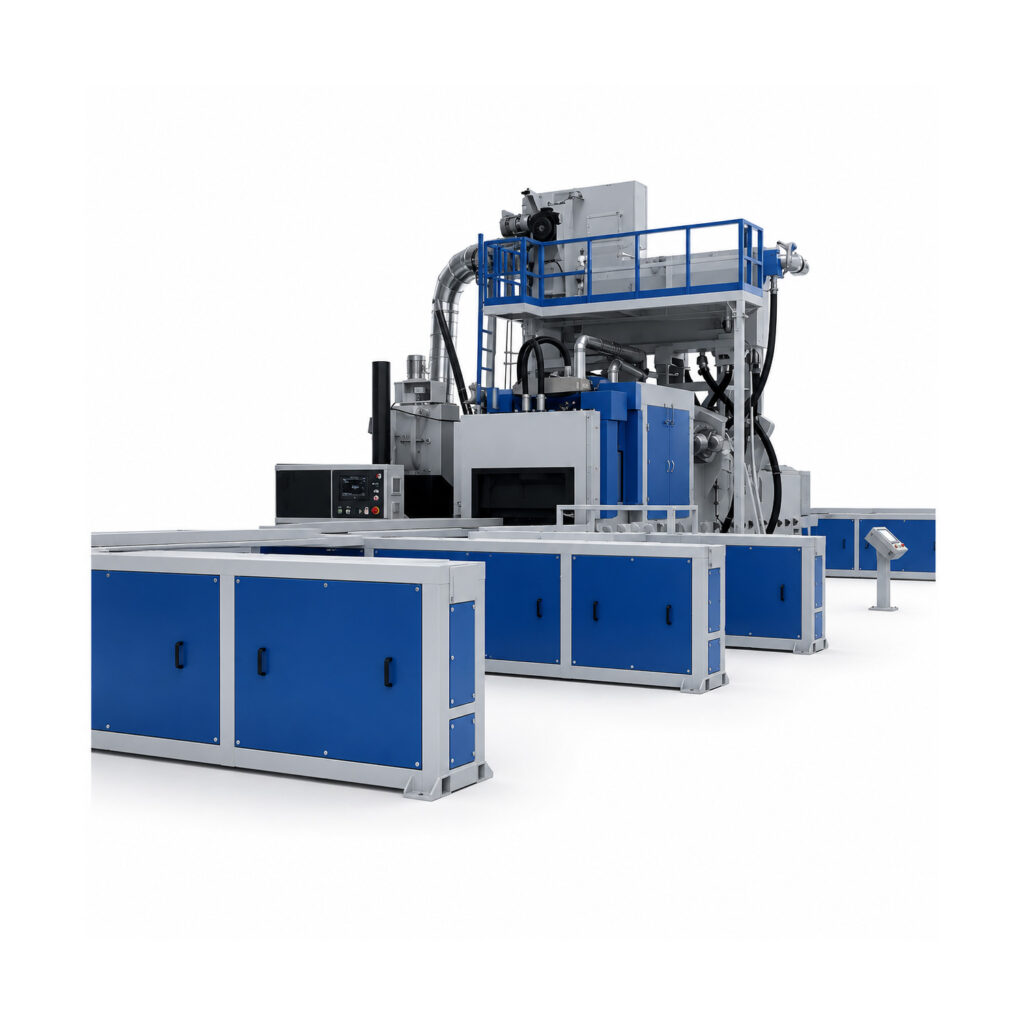 Angled view of a structural steel blaster with an integrated transfer table used to efficiently move large parts into and out of the blasting process.