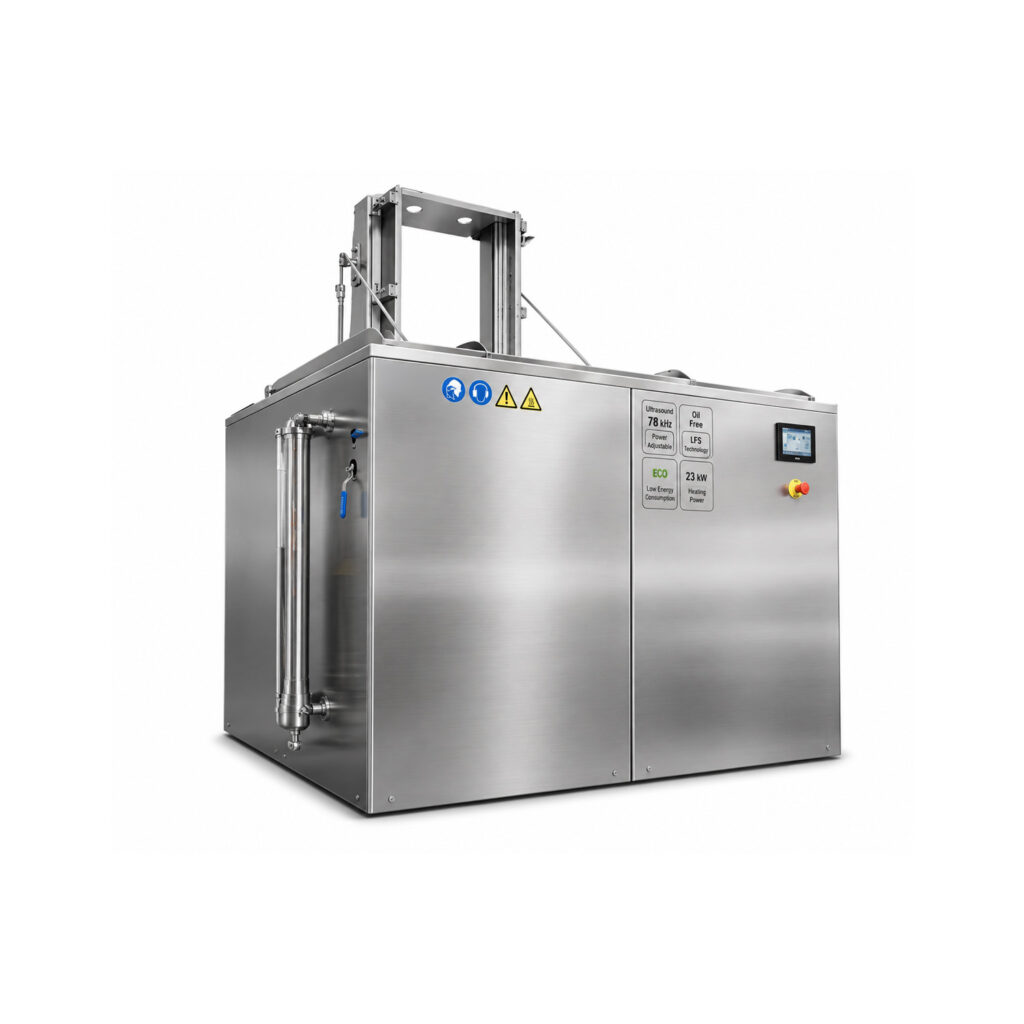 Angled view of an immersion washer designed to thoroughly clean parts by submerging them in a heated cleaning solution for removal of oils, grease, dirt, and contaminants.