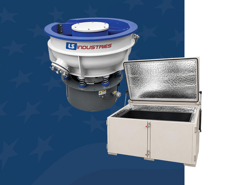 LS Industries vibratory finishing equipment featuring vibratory bowls, tubs, separators, and media processing systems designed for deburring, polishing, cleaning, and surface finishing of industrial parts.
