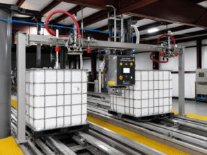 Zoomed-out view of an LS Industries Internal/External IBC Tote Washer showcasing the complete automated washing system, conveyor, wash chambers, and material handling components.