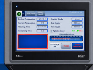 HMI control panel display on an LS Industries PAX Agitation Washer providing operators with touchscreen control and monitoring of the industrial parts cleaning process.